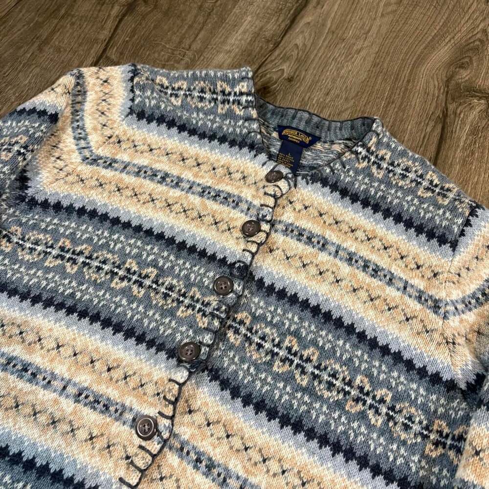 Shaver Lake Fair Isle Cardigan Size L Blue Beige Button Up Sweater